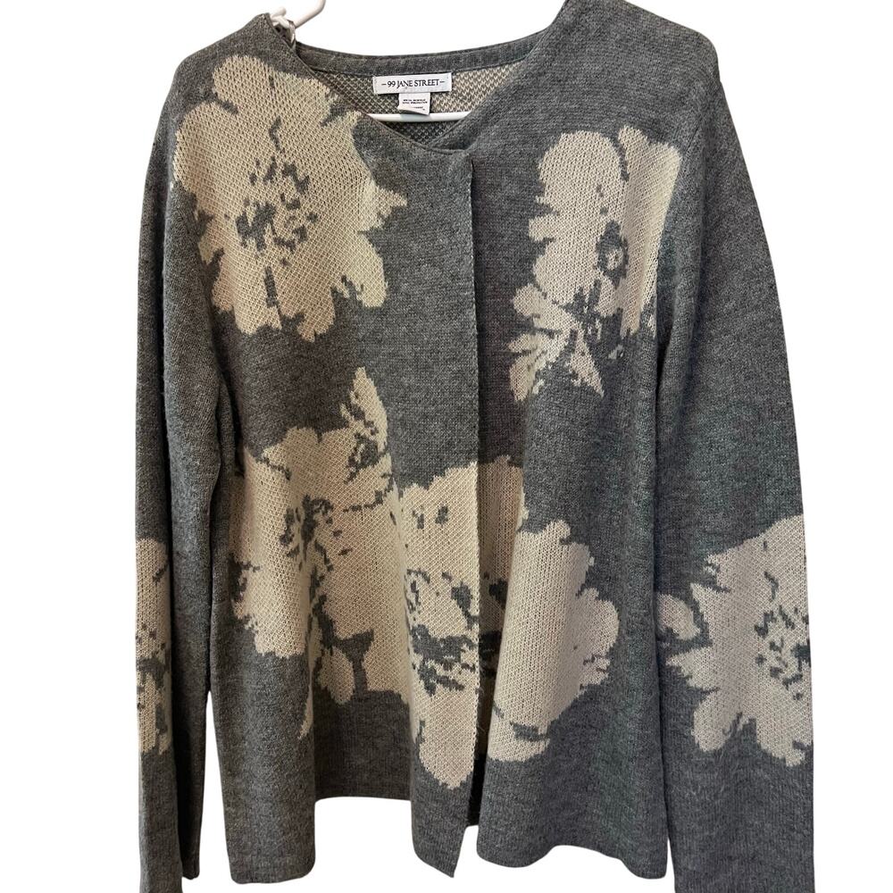 99 Jane Street Women's Gray & Cream Floral Cardigan Size XL Cozy Classic Office